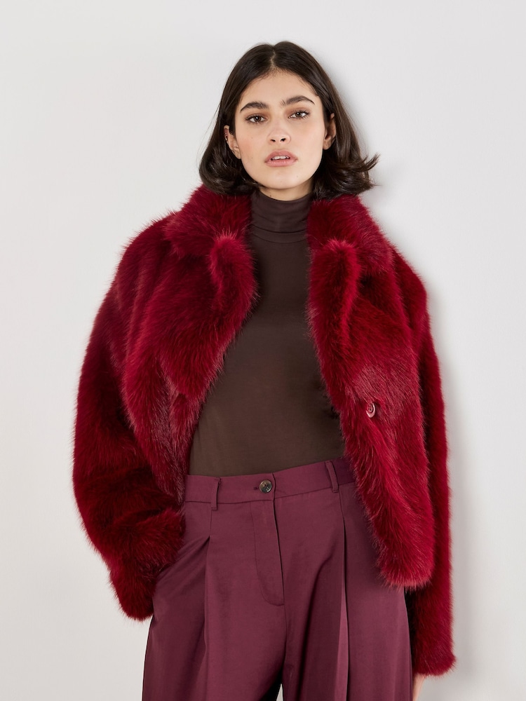 Apricot Red Faux Fur Collar Short Coat - Image 2 of 6
