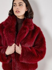 Apricot Red Faux Fur Collar Short Coat - Image 3 of 6