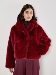 Apricot Red Faux Fur Collar Short Coat - Image 4 of 6