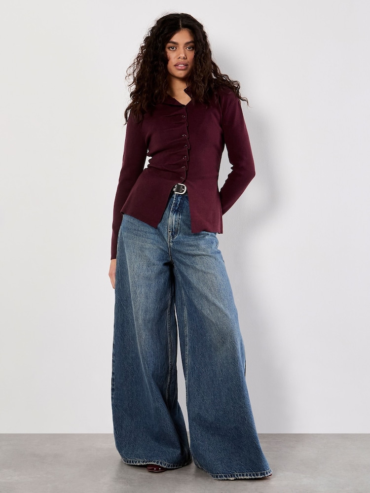 Apricot Red Pleat Button Knit Top - Image 1 of 5