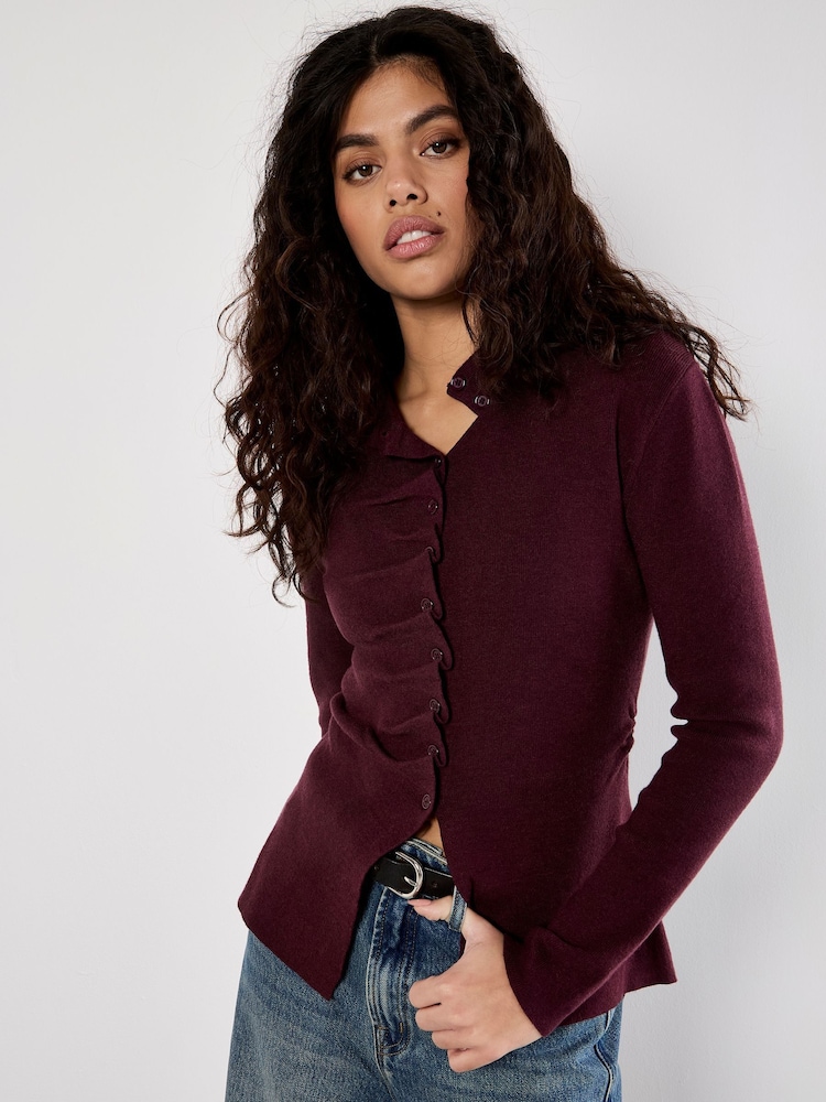 Apricot Red Pleat Button Knit Top - Image 2 of 5