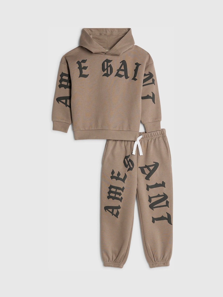 River Island Brown Younger Boys Ame Saint Printed Hoodie & Joggers Set - Image 1 of 4