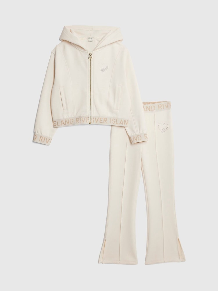 River Island Cream Girls Premium Essentials Zip Through & Kickflare Set - Image 1 of 5 River Island Cream Girls Premium Essentials Zip Through & Kickflare Set - Image 1 of 5