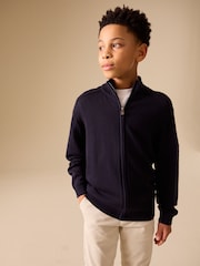 Navy Blue Merino Wool Knitted Zip Through Cardigan (3-16yrs) - Image 1 of 8