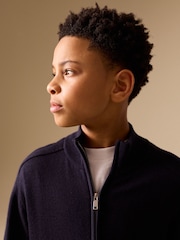 Navy Blue Merino Wool Knitted Zip Through Cardigan (3-16yrs) - Image 4 of 8