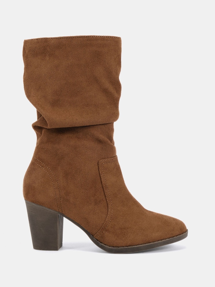 Novo Brown Standard Fit Joany Block Heel Slouch Ruched Ankle Boots - Image 2 of 6