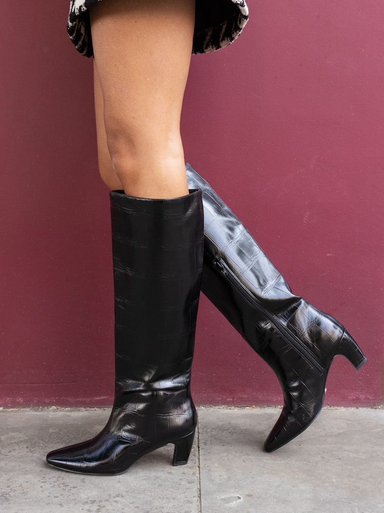 Novo Black Wide Fit Gracelyn Curved Mid Heel Knee Boots - Image 1 of 7 Novo Black Wide Fit Gracelyn Curved Mid Heel Knee Boots - Image 1 of 7