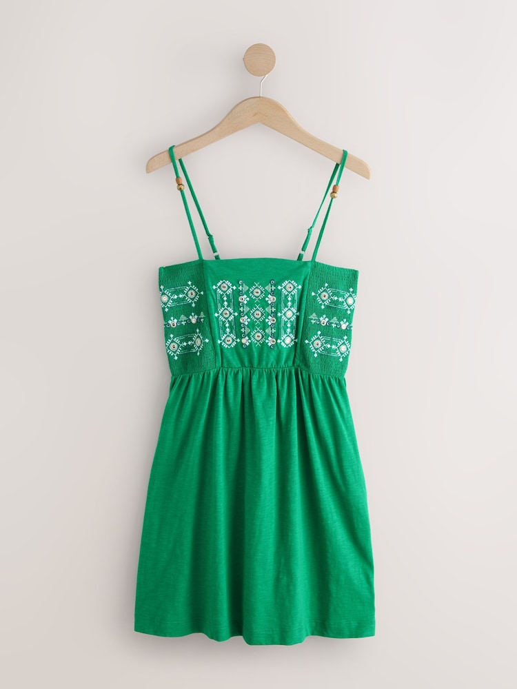 Green Mirror Detail Strappy Embroidered Detail Mini Dress - Image 1 of 3