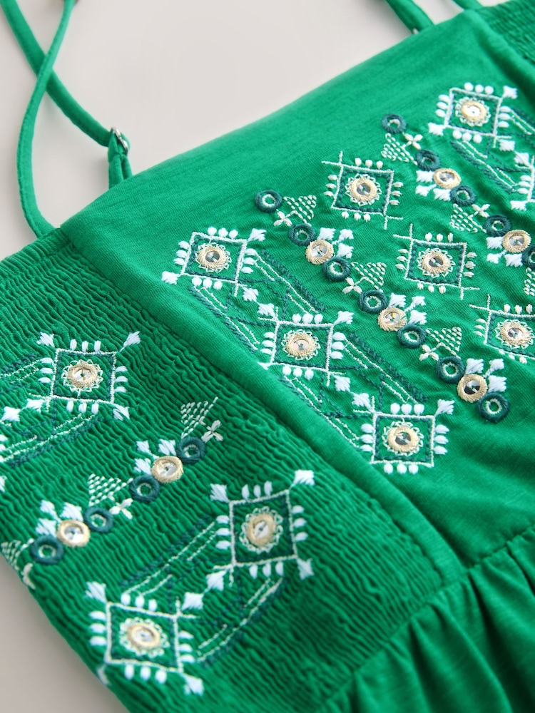 Green Mirror Detail Strappy Embroidered Detail Mini Dress - Image 2 of 3