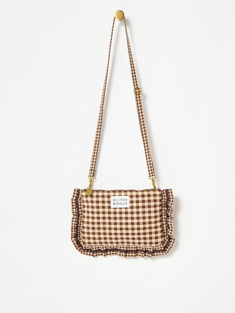 Oliver Bonas Brown Gingham Ruffle Pouch Cross-Body Bag - Image 1 of 6 Oliver Bonas Brown Gingham Ruffle Pouch Cross-Body Bag - Image 1 of 6