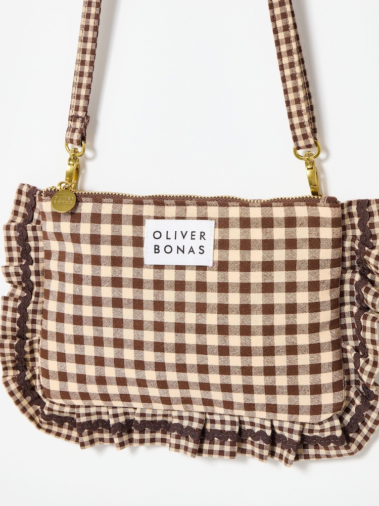 Oliver Bonas Brown Gingham Ruffle Pouch Cross-Body Bag - Image 2 of 6 Oliver Bonas Brown Gingham Ruffle Pouch Cross-Body Bag - Image 2 of 6