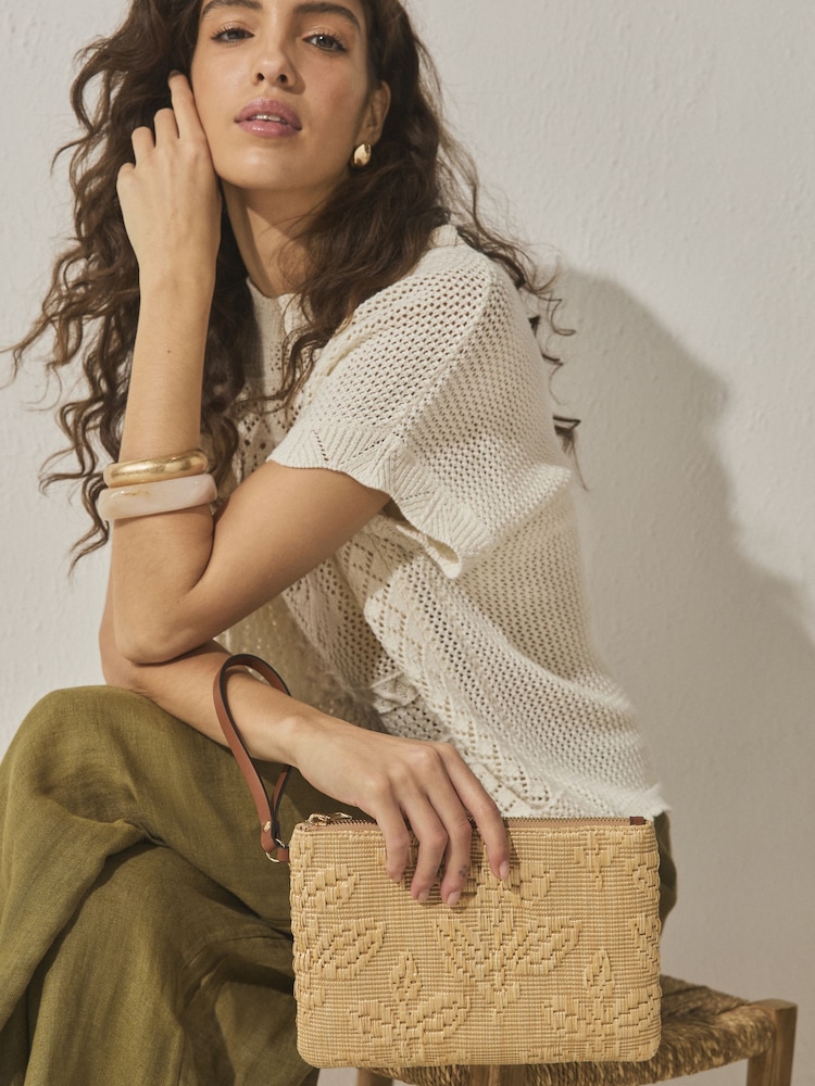 لون طبيعي - حقيبة صغيرة منقوشة بمظهر رافيا - صورة 2 من 7