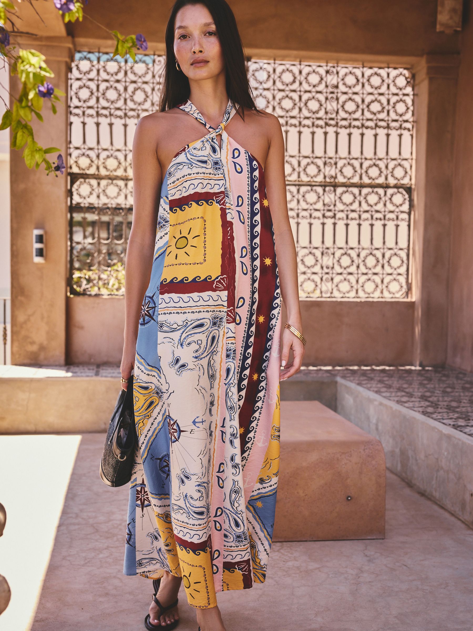 Red Scarf Printed Halter Twist Neck Midi Dress