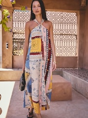 Red Scarf Printed Halter Twist Neck Midi Dress - Image 1 of 5