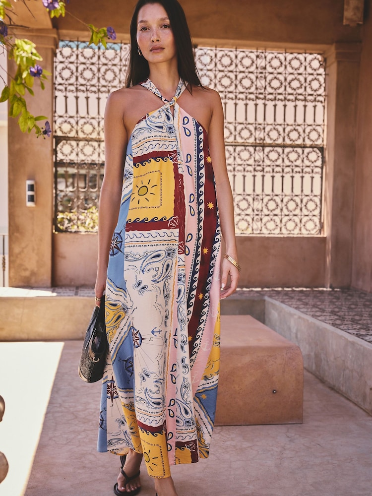 Red Scarf Printed Halter Twist Neck Midi Dress - Image 1 of 5 Red Scarf Printed Halter Twist Neck Midi Dress - Image 1 of 5