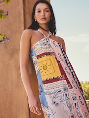 Red Scarf Printed Halter Twist Neck Midi Dress - Image 2 of 5