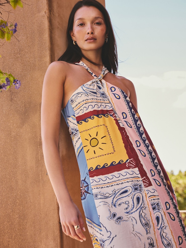 Red Scarf Printed Halter Twist Neck Midi Dress - Image 2 of 5 Red Scarf Printed Halter Twist Neck Midi Dress - Image 2 of 5