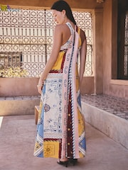 Red Scarf Printed Halter Twist Neck Midi Dress - Image 4 of 5