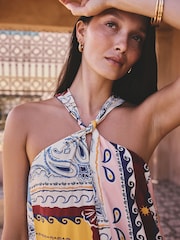 Red Scarf Printed Halter Twist Neck Midi Dress - Image 5 of 5