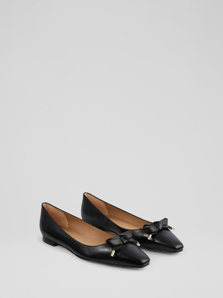 LK Bennett Black Nappa Leather Eyelet Bow Flats - Image 2 of 4