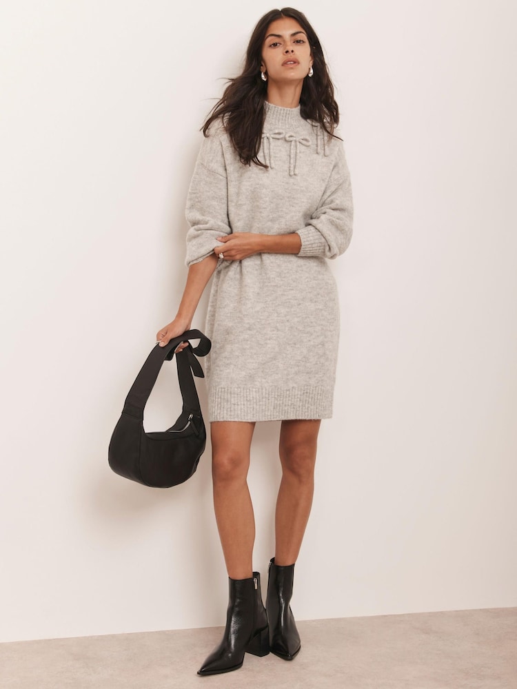 Mint Velvet Grey Knit Bow Jumper Dress - Image 2 of 8