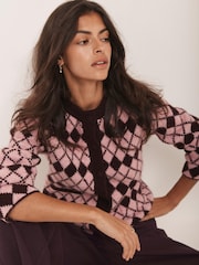 Mint Velvet Pink Wool Blend Argyle Knit Cardigan - Image 3 of 8