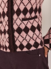 Mint Velvet Pink Wool Blend Argyle Knit Cardigan - Image 6 of 8
