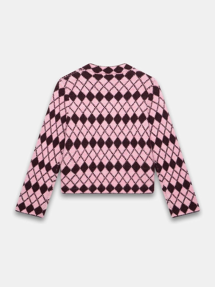 Mint Velvet Pink Wool Blend Argyle Knit Cardigan - Image 8 of 8
