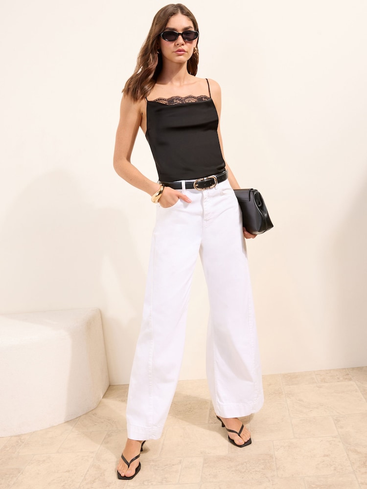 Friends Like These Black Cowl Neck Satin Cami With Lace Detail Camisoles - Image 4 of 4