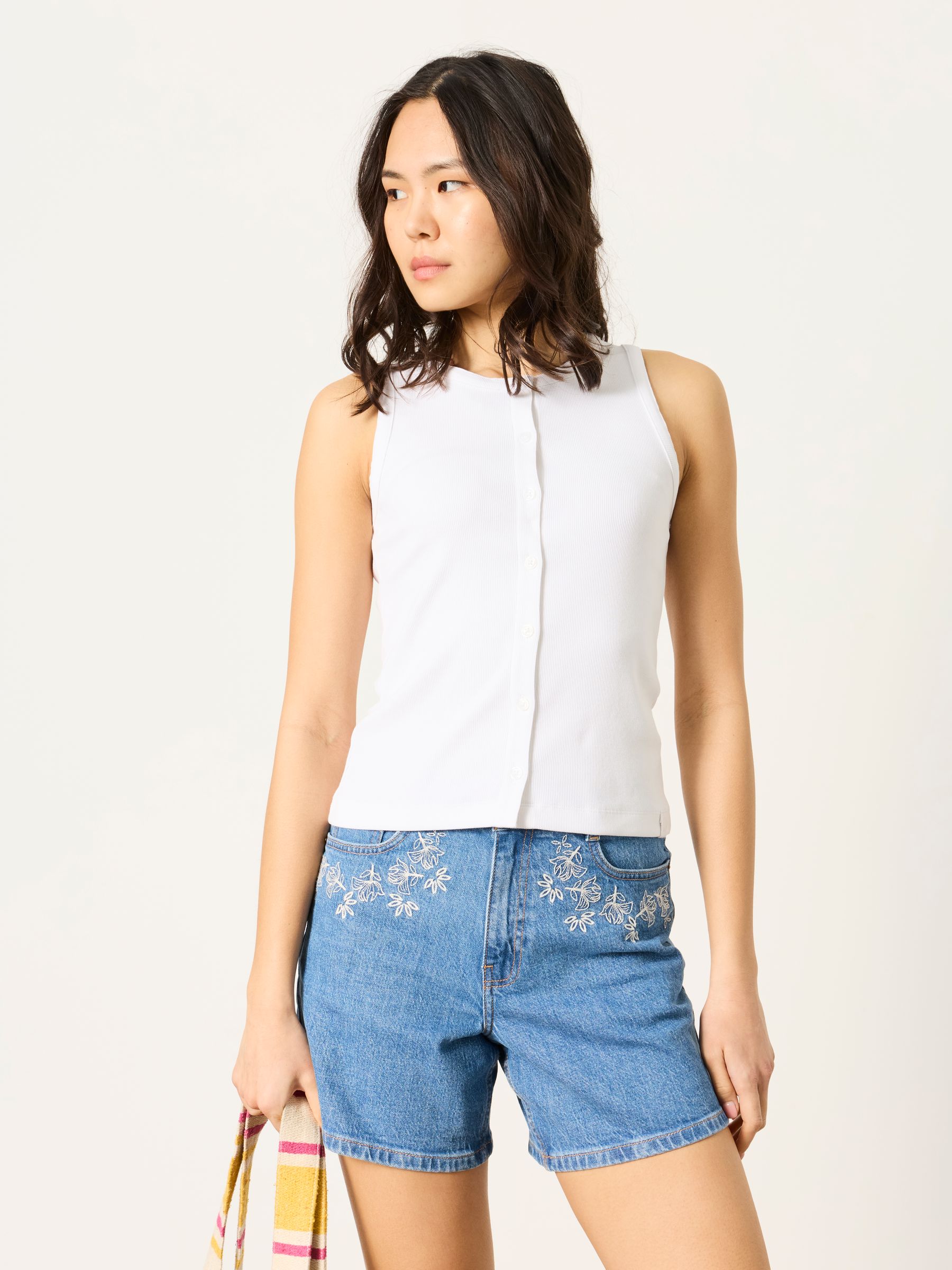 Fat Face Women's White Fatface Rosa Button Ribbed Vest