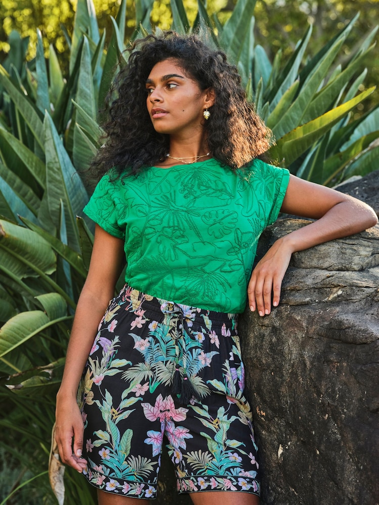 FatFace Ivy Green Palm Tree Embroidered T-Shirt - Image 1 of 6 FatFace Ivy Green Palm Tree Embroidered T-Shirt - Image 1 of 6