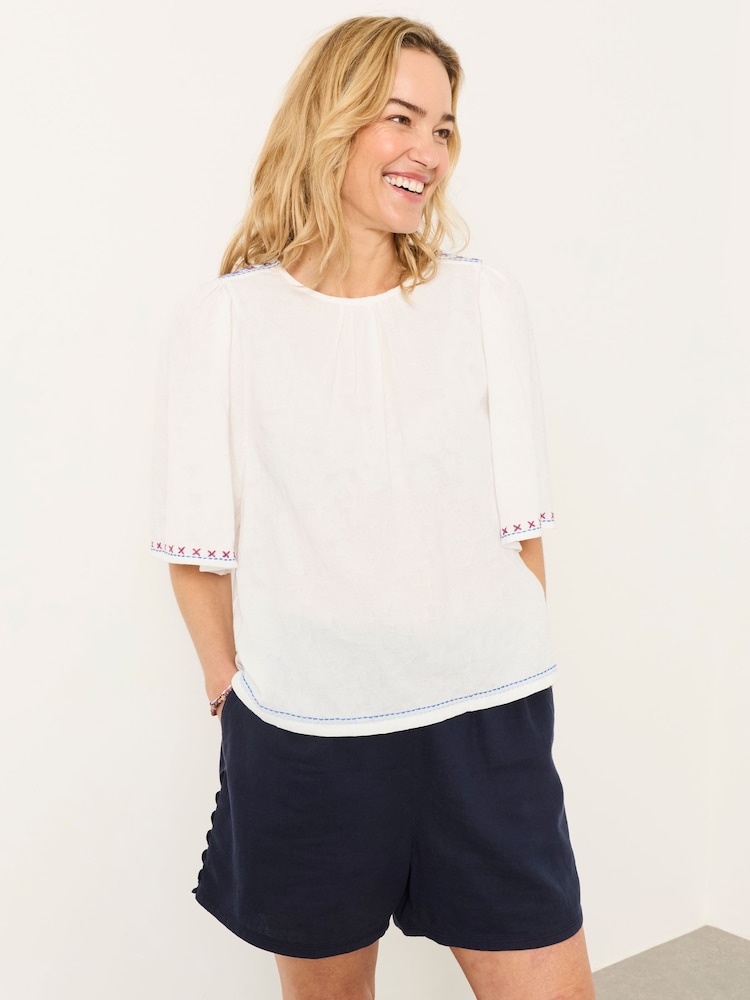 FatFace Faye White Flutter Sleeve Top - Image 2 of 6