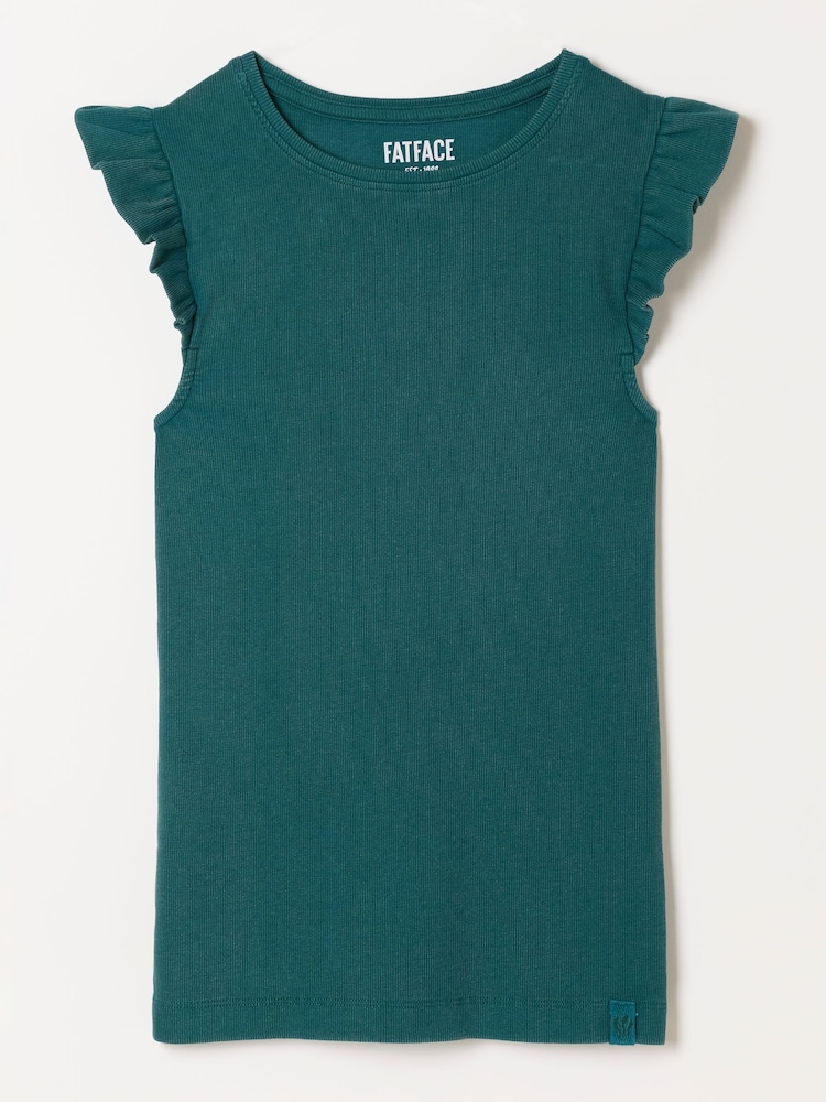 FatFace Dark Teal Green Frill Sleeveless Top - Image 1 of 1