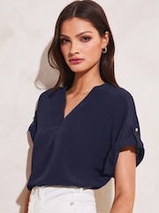 Lipsy Navy Blue Utility V-Neck Short Roll Sleeve Top - Image 1 of 4