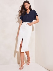 Lipsy Navy Blue Utility V-Neck Short Roll Sleeve Top - Image 3 of 4