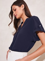 Lipsy Navy Blue Utility V-Neck Short Roll Sleeve Top - Image 4 of 4
