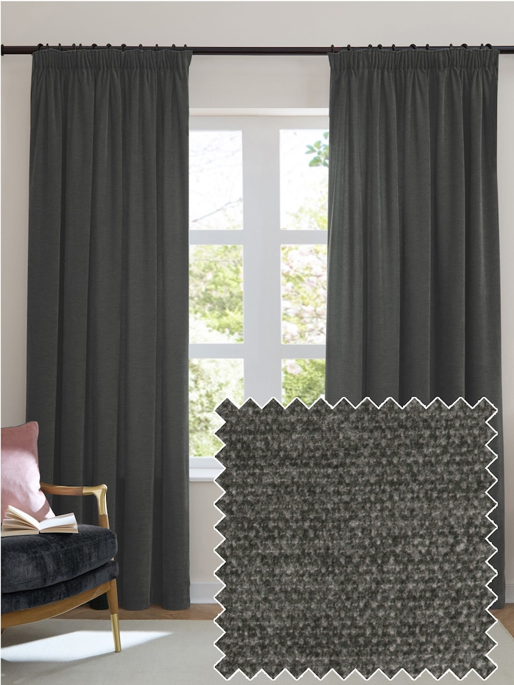 Furn Charcoal Soft Chenille 100% Blackout Pencil Pleat Curtains - Image 1 of 8 Furn Charcoal Soft Chenille 100% Blackout Pencil Pleat Curtains - Image 1 of 8