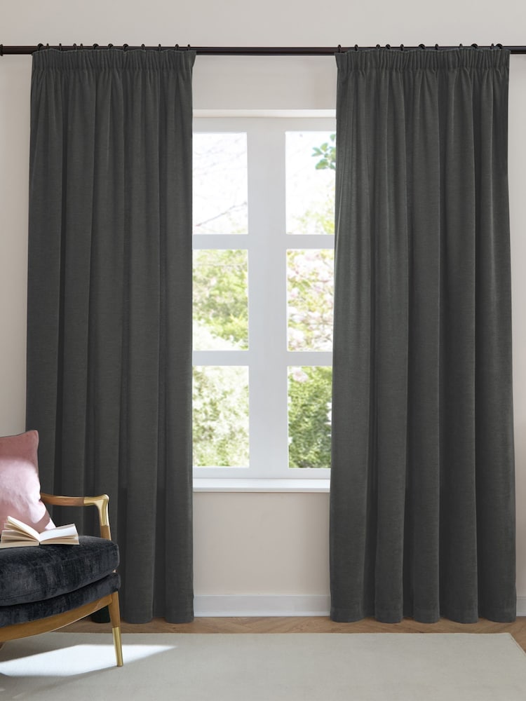 Furn Charcoal Soft Chenille 100% Blackout Pencil Pleat Curtains - Image 2 of 8 Furn Charcoal Soft Chenille 100% Blackout Pencil Pleat Curtains - Image 2 of 8