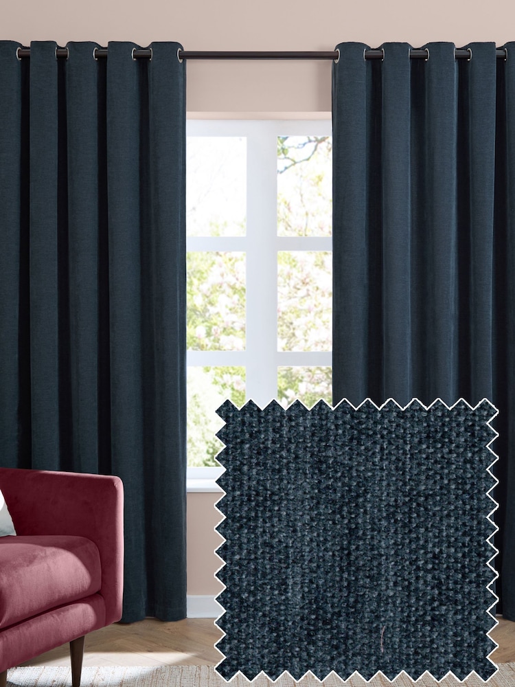Furn Navy Soft Chenille Lined Eyelet Curtains - Image 1 of 7