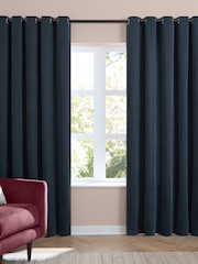 Furn Navy Soft Chenille Lined Eyelet Curtains - Image 2 of 7