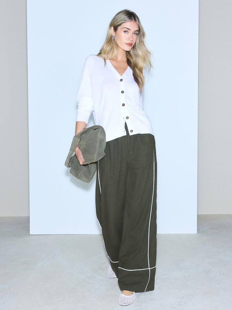 Khaki Green Linen Rich Wide Leg Trousers With Piping - Image 1 of 9