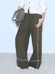 Khaki Green Linen Rich Wide Leg Trousers With Piping - Image 2 of 9