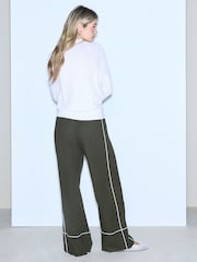 Khaki Green Linen Rich Wide Leg Trousers With Piping - Image 4 of 9