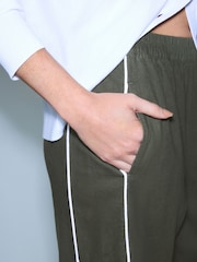 Khaki Green Linen Rich Wide Leg Trousers With Piping - Image 5 of 9