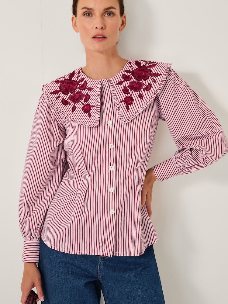 Monsoon Red Marta Floral Embroidered Stripe Shirt - Image 2 of 5 Monsoon Red Marta Floral Embroidered Stripe Shirt - Image 2 of 5