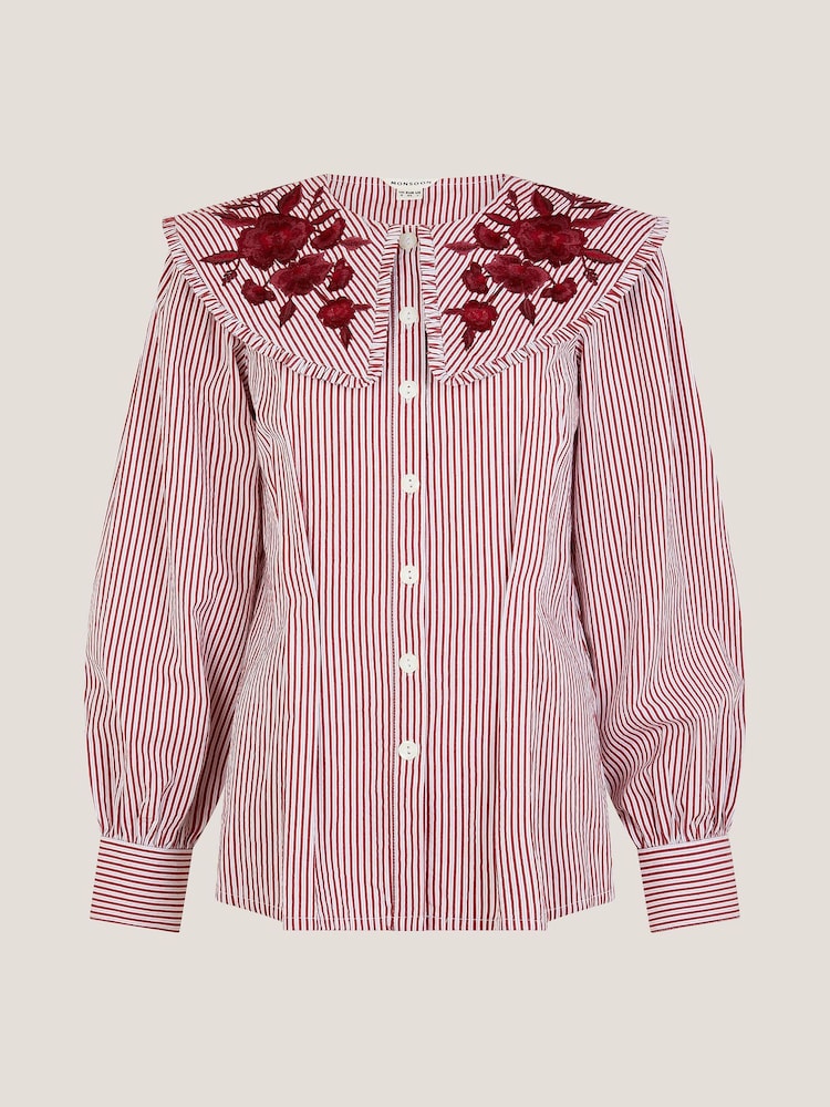 Monsoon Red Marta Floral Embroidered Stripe Shirt - Image 5 of 5