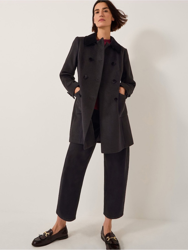 Monsoon Black Lottie Velvet Trim Double Breasted Coat - Image 1 of 6 Monsoon Black Lottie Velvet Trim Double Breasted Coat - Image 1 of 6