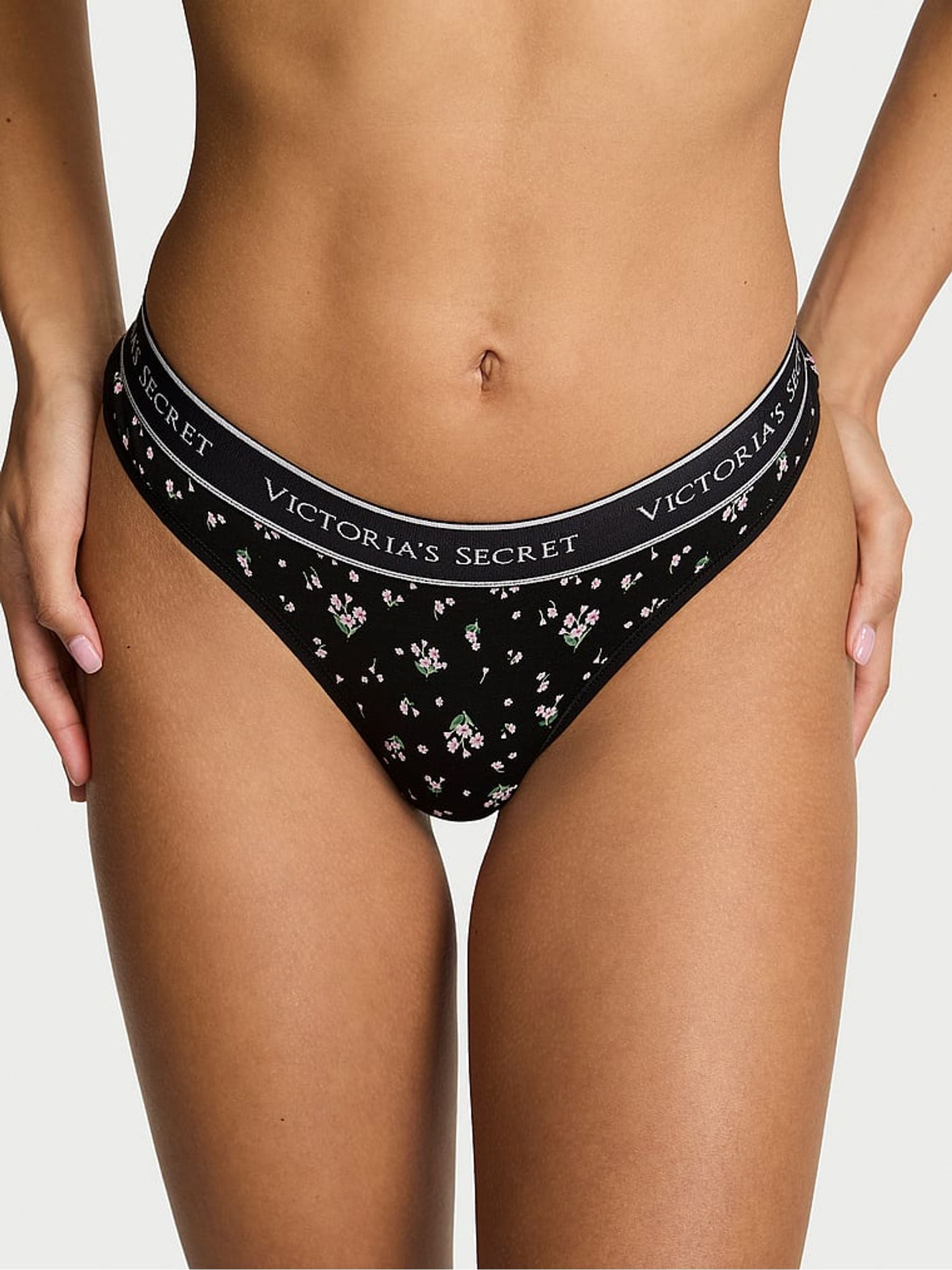 Victoria's Secret Black Ditsy Floral Thong Logo Knickers