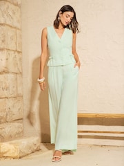 Love & Roses Mint Green Linen Look Bow Pocket Waistcoat - Image 3 of 4