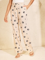 Love & Roses Cream Linen Pinstripe Floral Wide Leg Trousers - Image 1 of 4